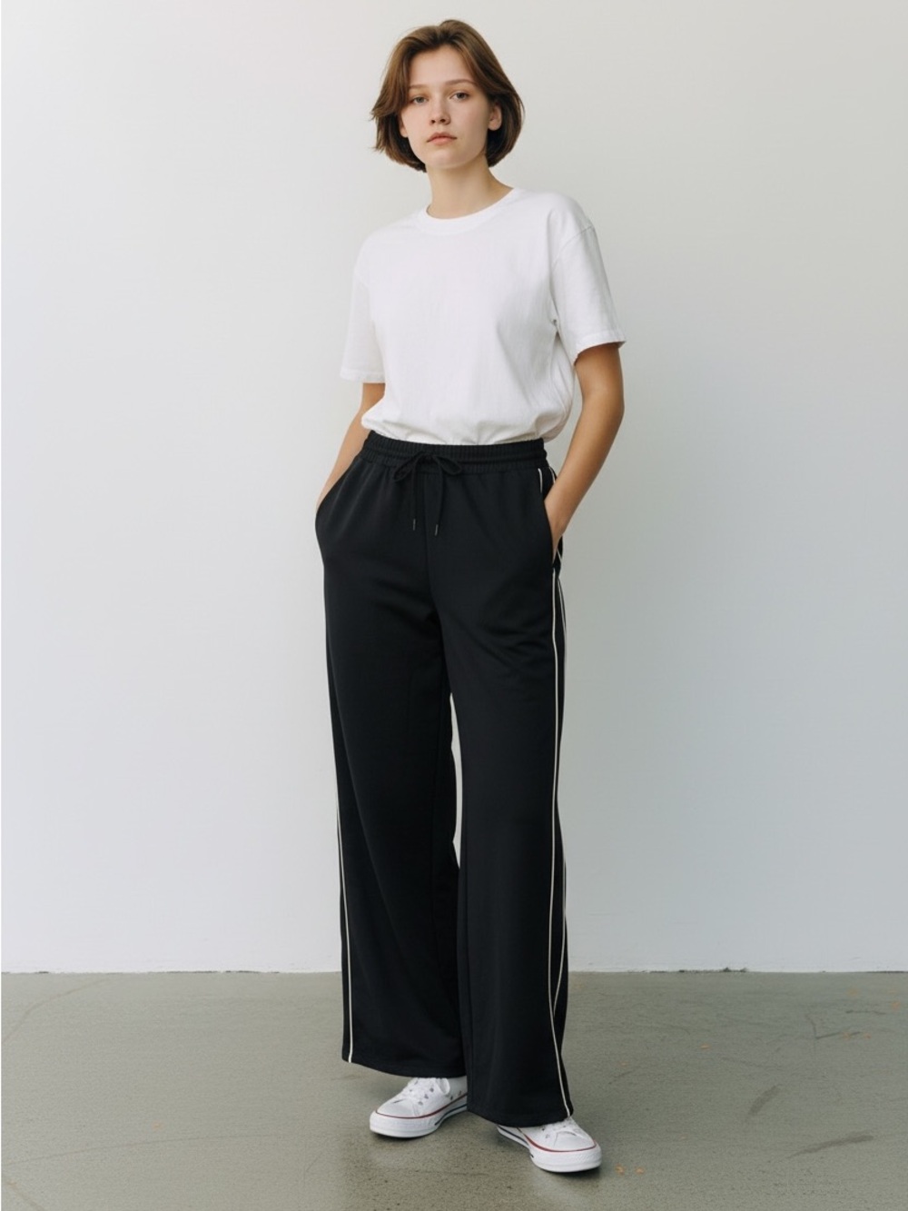 H&M Blue Wide-Leg Track Pants with White Side Piping
